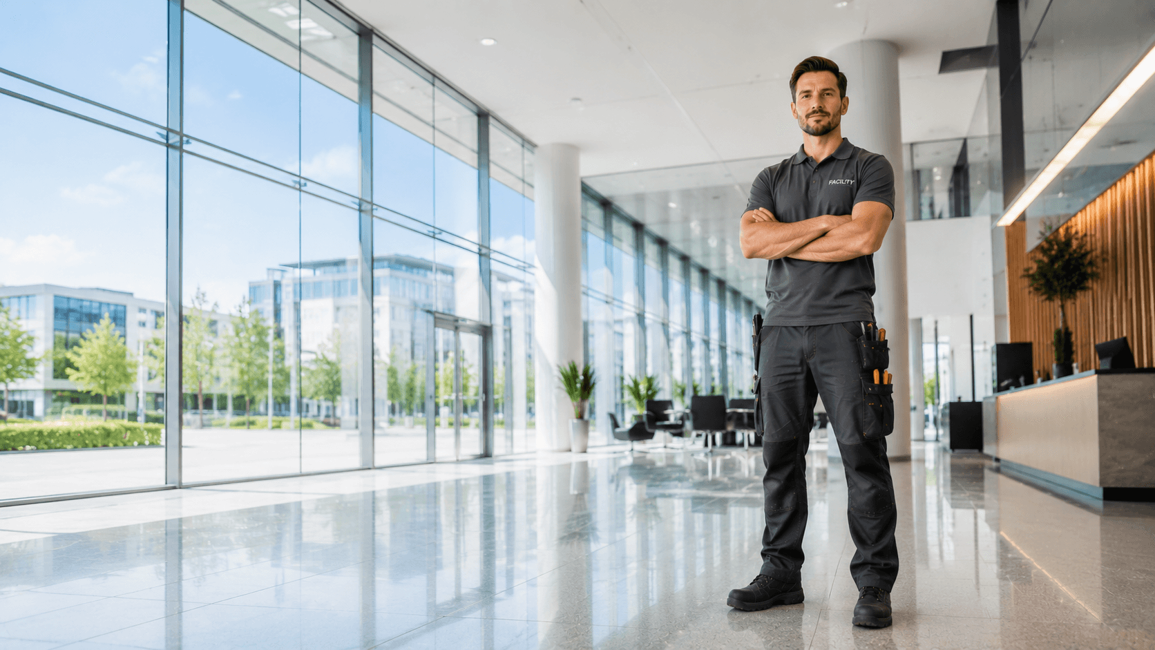 Gebäudeservice-Mitarbeiter steht mit verschränkten Armen in der Lobby eines Bürogebäudes