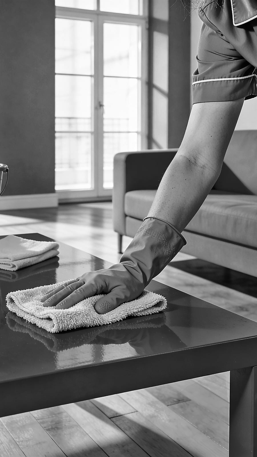 Gebäudereiniger mit Gummihandschuh wischt einen dunklen Couchtisch in einer modernen Wohnung